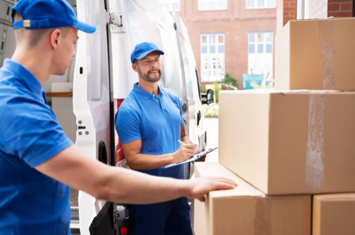 Movers wrapping furniture with protective padding.